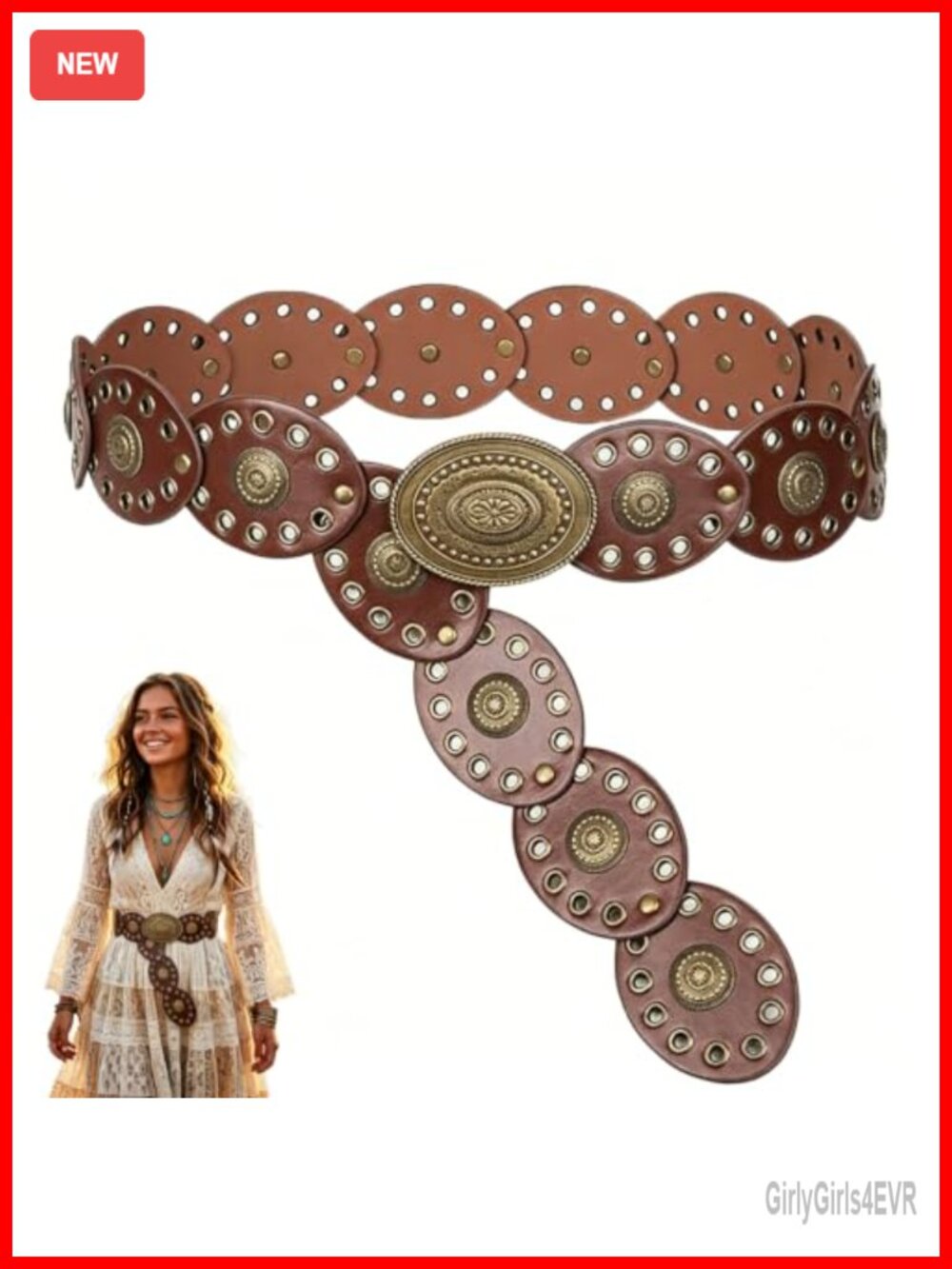 Faux Leather Western Boho Belt 43.31in Wide Hollow Out Disc for Dresses Jeans